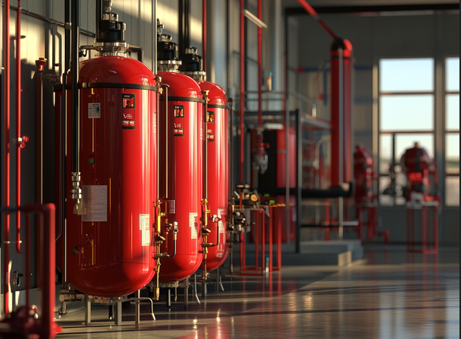 Industrial fire suppression system with multiple clean agent cylinders in a modern facility, showcasing advanced fire protection technology for safe and efficient response to potential fire hazards.